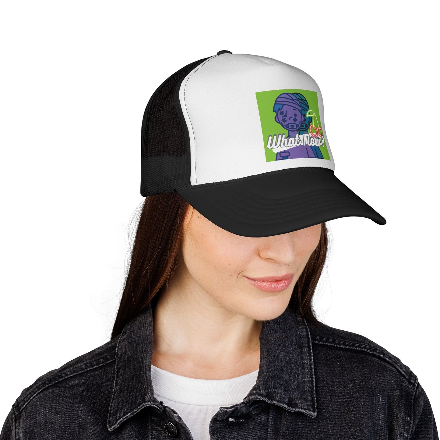 Colorful Graphic Trucker Cap with 'What Now?' Design