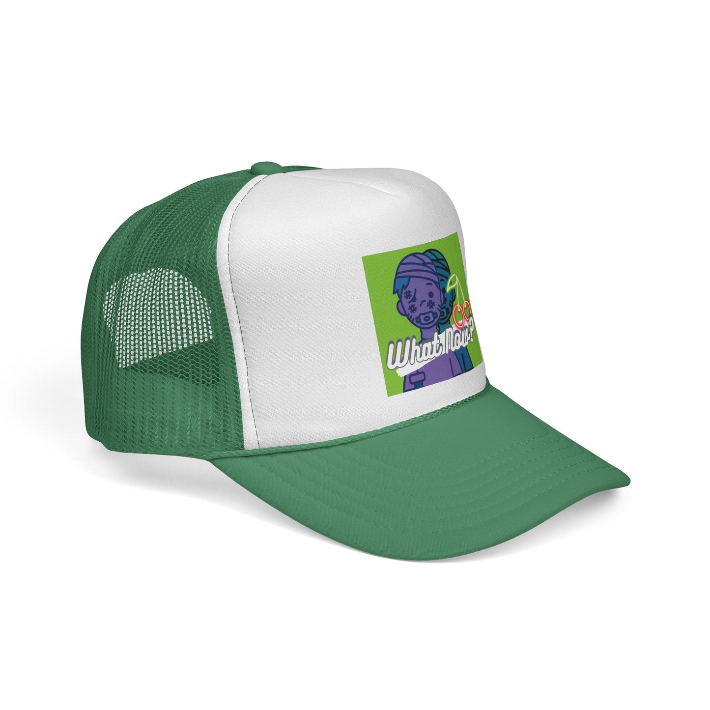 Colorful Graphic Trucker Cap with 'What Now?' Design