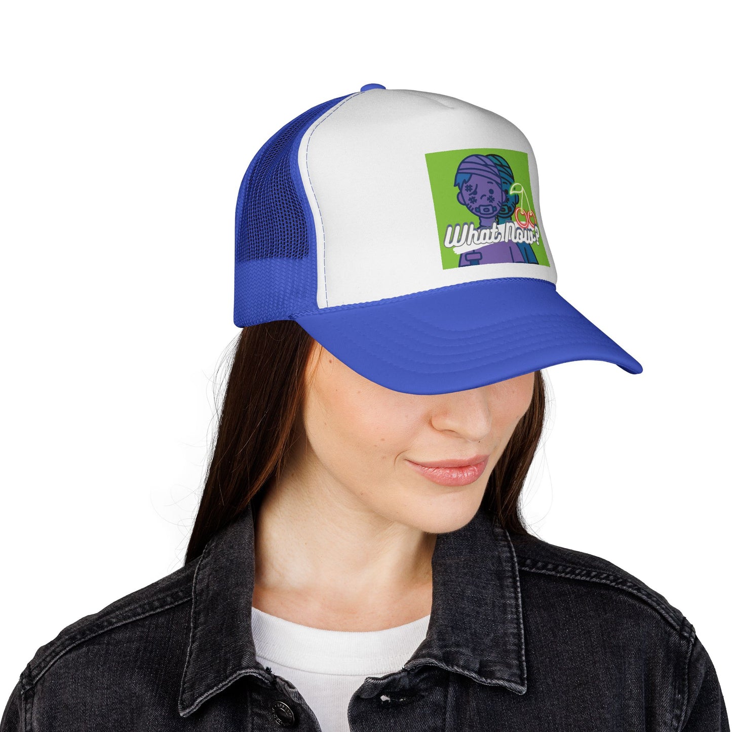 Colorful Graphic Trucker Cap with 'What Now?' Design