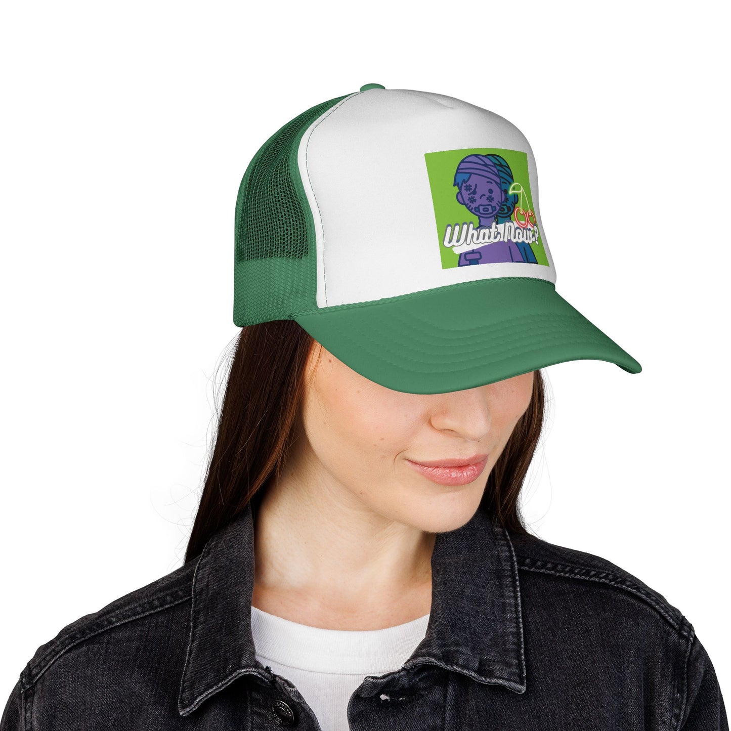 Colorful Graphic Trucker Cap with 'What Now?' Design