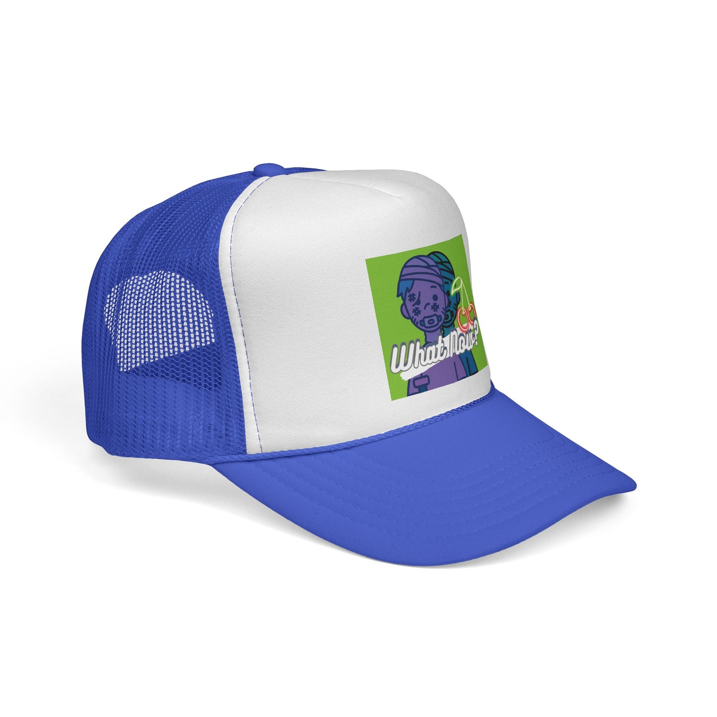 Colorful Graphic Trucker Cap with 'What Now?' Design