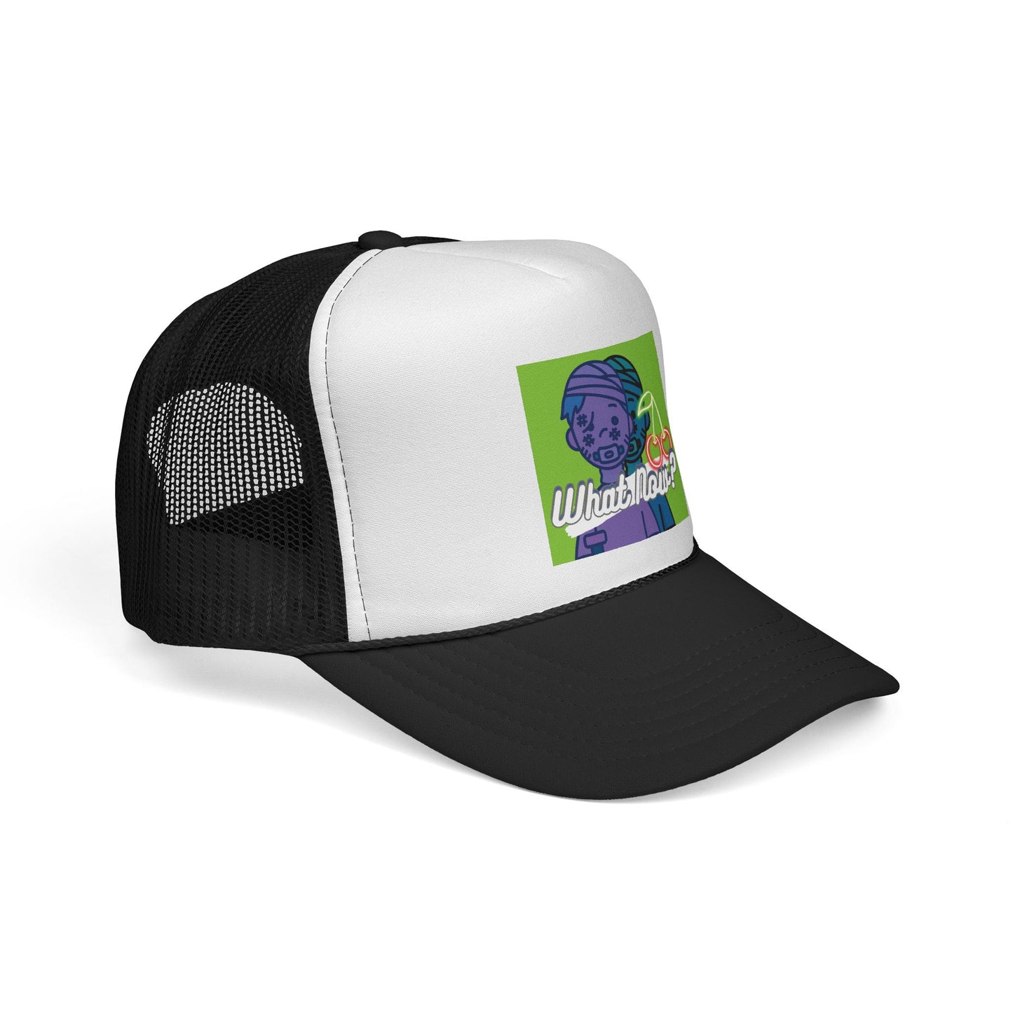 Colorful Graphic Trucker Cap with 'What Now?' Design