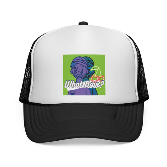 Colorful Graphic Trucker Cap with 'What Now?' Design