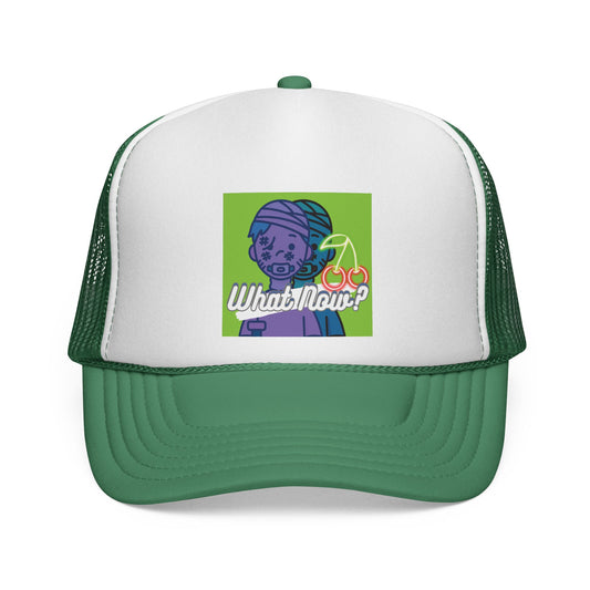 Colorful Graphic Trucker Cap with 'What Now?' Design